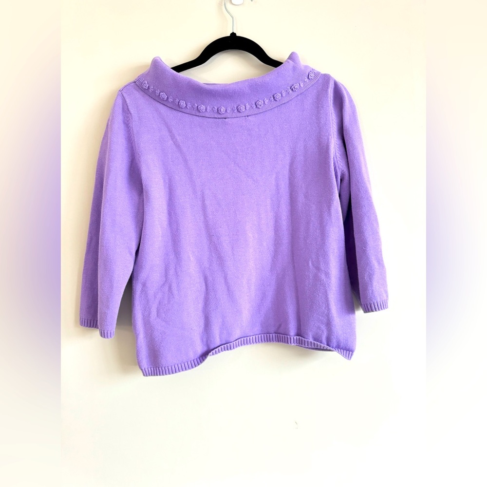 Vintage 90s Rafaella Cowl Neck Floral Embroidered 3/4 Cotton Purple Sweater